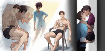 1boy 1girl absurdres artist_name black_hair black_jacket black_male_underwear black_panties black_pants borrowed_clothes breasts brown_eyes brown_hair commentary cup dark-skinned_female dark_skin dispatch hetero highres holding holding_cup hug imminent_kiss invisigal jacket lifting_person lipstick makeup male_underwear medium_breasts muscular muscular_male niahti panties pants pillow robert_robertson scar sitting sleeping spooning symbol-only_commentary underwear