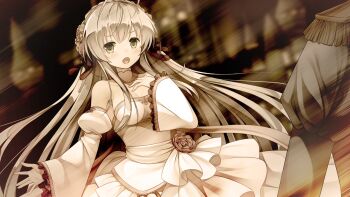 1girl blue_hair blush cloud dress flashback game_cg green_eyes koi_saku_miyako_ni_ai_no_yakusoku_wo_~annaffiare~ long_hair natsume_eri winifred_d_land