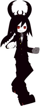 antenna_hair black_hair black_jacket black_pants clenched_hand colored_skin funamusea funamusea_(artist) gakuran hinomaru_(funamusea) horns jacket long_hair long_sleeves looking_at_viewer low_ponytail official_art pants ponytail red_eyes school_uniform shirt smile solo white_background white_shirt white_skin