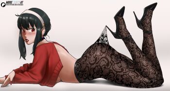 1girl black_choker black_hair black_shoes black_thighhighs blush breasts choker commentary cropped_sweater echo_saber english_commentary from_side full_body hairband high_heels highres long_sleeves lying nail_polish on_stomach pantyhose parted_lips patreon_logo red_eyes red_lips red_nails red_sweater shoes sidelocks solo spy_x_family sweater thighhighs underboob yor_briar