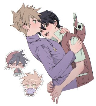 2boys backwards_hat baseball_cap black_hair black_shoes blue_oak blue_pants blush blush_stickers brown_hair chibi collared_jacket commentary_request cropped_torso denim hair_between_eyes hand_on_another's_neck hand_on_another's_shoulder hat highres jacket jeans jewelry looking_to_the_side male_focus multiple_boys multiple_views necklace nintendo open_clothes open_jacket open_mouth pants parted_lips pendant pk_rgr96 pokemon pokemon_red/green/blue/yellow popped_collar purple_shirt red_(pokemon) red_hat red_jacket shirt shoes short_sleeves sideways_glance simple_background smile spiked_hair teeth tongue unworn_hat unworn_headwear upper_teeth_only white_background white_shoes yaoi