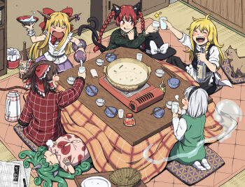 6+girls :d after_meal animal_ears big_belly black_hat black_skirt black_vest bloated blonde_hair bottle bow braid brown_hair carpet cat_ears cat_girl chopsticks commentary commission cup cushion dress food gourd green_dress green_hair green_vest hair_bow hakurei_reimu hanten_(clothes) hat horns hotpot ibuki_suika indoors inuno_rakugaki kaenbyou_rin kirisame_marisa komano_aunn konpaku_youmu konpaku_youmu_(ghost) kotatsu licking_lips long_hair lying multiple_girls multiple_tails nabe newspaper oni open_mouth portable_stove pouring red_bow red_hair sakazuki seiza shirt short_hair side_braid sitting skeb_commission skirt smile table tail tatami thermos toasting_(gesture) tongue tongue_out touhou twin_braids two_tails under_kotatsu under_table unworn_hat unworn_headwear vest white_hair white_shirt witch_hat zabuton