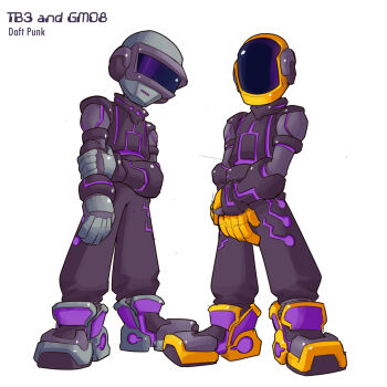 Rule 34 | 2000s (style), 2boys, character name, coat, commentary, copyright name, daft punk, english commentary, full body, gloves, guy-manuel de homem-christo, helmet, highres, humanoid robot, karakatodzo, male focus, mechanization, mega man (series), mega man zero (series), multiple boys, nakayama tooru (style), padded coat, parody, robot, shoes, simple background, sneakers, standing, style parody, thomas bangalter, white background
