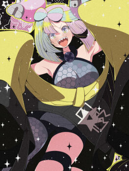 Rule 34 | 1girl, blue hair, blush, bow-shaped hair, breasts, character hair ornament, commentary request, fujiwara hiro (kaede ciao), gen 1 pokemon, grey pantyhose, hair ornament, halter shirt, halterneck, highres, iono (pokemon), jacket, large breasts, long hair, long sleeves, looking at viewer, magnemite, multicolored hair, nintendo, open mouth, oversized clothes, pantyhose, pink hair, pokemon, pokemon scarlet and violet, sharp teeth, single leg pantyhose, sleeves past fingers, sleeves past wrists, smile, split-color hair, teeth, two-tone hair, x (symbol), yellow jacket