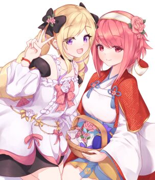 2girls :d basket black_bow blonde_hair bow capelet chinese_knot closed_mouth commentary detached_sleeves dress elise_(fire_emblem) elise_(valentine)_(fire_emblem) english_commentary fire_emblem fire_emblem_fates fire_emblem_heroes flower hair_bow hair_flower hair_ornament hairband highres holding holding_basket japanese_clothes kimono kyl490 long_hair looking_at_viewer multicolored_hair multiple_girls nintendo official_alternate_costume open_mouth pink_eyes pink_flower pink_hair purple_eyes purple_hair red_capelet sakura_(fire_emblem) sakura_(valentine)_(fire_emblem) sayagata short_hair smile tassel twintails two-tone_hair v white_background white_dress white_hairband white_kimono