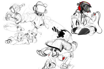 canti mp3_player flcl full_body headphones highres jacket kneeling lying multiple_views on_one_knee on_side open_clothes open_jacket robot screen simple_background sitting squatting unzipped winpuss