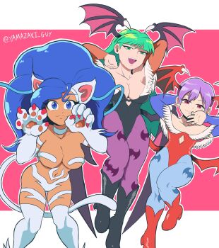 3girls animal_ears animal_hands animal_print bare_shoulders bat_print bat_wings blue_hair breasts cat_ears cat_girl cat_tail dark-skinned_female dark_skin darkstalkers felicia_(darkstalkers) flat_chest green_hair large_breasts lilith_(darkstalkers) long_hair looking_at_viewer morrigan_aensland multiple_girls nazoarts pink_hair red_eyes short_hair sleeveless tail very_long_hair white_fur wide_hips wings