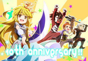 1girl 3boys animal animal_on_head anniversary armor blonde_hair blunt_bangs brown_pants commentary dragon_horns english_text gloves green_eyes grey_pants hand_warmer holding holding_polearm holding_sword holding_weapon horns jumping long_hair looking_at_viewer mikoto_(tanken_driland) multiple_boys nagai_(cwug3874) on_head open_mouth orange_hair paan pants polearm pollon_(tanken_driland) purple_scarf red_eyes scarf smile striped_background sword tanken_driland wallence weapon white_gloves white_hair yellow_eyes