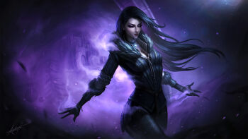 1girl absurdres black_choker black_gloves black_hair black_jacket black_pants choker gloves highres jacket lara_nedorostova long_hair magic pants pendant_choker purple_eyes signature solo the_witcher_(series) the_witcher_3 yennefer_of_vengerberg