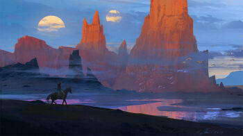 1other animal blue_sky commentary desert english_commentary flock fog from_side full_moon horse horseback_riding landscape moon mountain night original painterly raphael-lacoste reflection reflective_liquid riding scenery signature sky water
