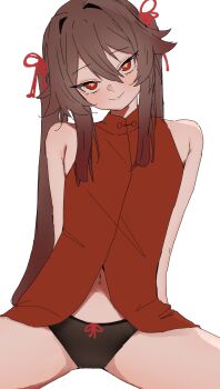 1girl arms_behind_back black_panties brown_hair commentary_request genshin_impact highres hu_tao_(genshin_impact) looking_at_viewer navel panties red_eyes red_ribbon red_shirt ribbon shirt showtime775 simple_background sitting smile spread_legs twintails underwear yellow_pupils