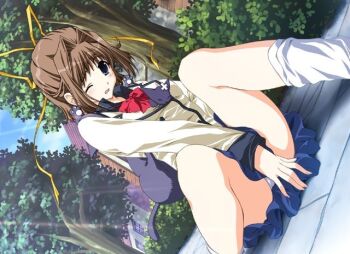1girl animal black_cat black_eyes blue_skirt blush bow bowtie breasts brown_hair bush cat cloud covering_crotch covering_privates doko_e_iku_no_ano_hi fallen_down female_focus game_cg hair_ribbon kanno_touko kanzaki_chihiro light_rays long_sleeves looking_at_viewer loose_socks medium_breasts one_eye_closed open_mouth outdoors panties red_bow red_bowtie ribbon school_uniform shirt short_hair sitting skirt sky socks solo sunbeam sunlight tree underwear white_panties white_shirt white_socks yellow_ribbon