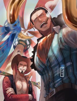 2boys absurdres ascot bare_pectorals belt black_hair blue_vest brown_belt buttons cigar coat crocodile_(one_piece) crossed_arms dracule_mihawk fur-trimmed_coat fur_trim hair_slicked_back hat high_collar highres hook looking_at_viewer male_focus mature_male mouth_hold multiple_boys ngumngim one_piece orange_ascot pectorals shirt stitched_face stitches teeth_hold vest white_shirt