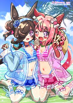 2girls ;d absurdres alternate_hairstyle animal_ears artist_logo barefoot bikini bikini_skirt bikini_under_clothes blue_bikini blue_flower blue_hairband blue_jacket blue_rose blue_sky bluesky_username blush blush_stickers bow braid breasts brown_hair cloud cloudy_sky day ear_bow ear_covers flower frilled_thigh_strap hair_bun hair_over_one_eye hair_rings hair_up hairband halterneck haru_urara_(umamusume) hat headband highres horse_ears horse_girl horse_tail jacket kingin leg_ribbon logo long_hair long_sleeves looking_at_viewer matching_outfits multiple_girls navel one_eye_closed open_clothes open_jacket open_mouth outdoors palm_tree pink_bikini pink_eyes pink_hair pink_jacket purple_eyes ribbon rice_shower_(umamusume) rose see-through_clothes side-by-side sitting sky smile stomach striped_bikini striped_clothes sun_hat swimsuit swimsuit_cover-up tail thigh_strap tree twitter_username umamusume unworn_headwear v wading wariza water yokozuwari