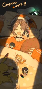 1boy absurdres artist_name battery bed black_choker black_hair blanket blonde_hair book brown_hair cellphone character_doll chinese_commentary choker closed_eyes doll drooling english_text fangs gen_1_pokemon handheld_game_console highres holding holding_pillow jewelry kayu_(yukagoin) light_particles long_sleeves luca_kaneshiro lying male_focus messy_hair multicolored_hair mysta_rias nijisanji nijisanji_en nintendo nintendo_switch on_back on_bed open_book open_mouth orange_shirt parted_bangs pendant_choker phone pikachu pillow pokemon pokemon_(creature) shirt short_hair shu_yamino sleeping sleeves_past_wrists smartphone smile solo streaked_hair stuffed_toy under_covers virtual_youtuber vox_akuma wireless_earphones