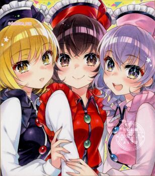 Rule 34 | 3girls, black hat, black vest, blonde hair, blush, breasts, brown eyes, brown hair, chacham, closed mouth, commentary request, hair between eyes, hat, looking at viewer, lunasa prismriver, lyrica prismriver, medium breasts, medium hair, merlin prismriver, multiple girls, open mouth, pink hat, pink vest, purple eyes, purple hair, red hat, red vest, shirt, siblings, sisters, smile, touhou, vest, watermark, white shirt, yellow eyes