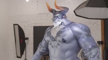 1boy abs animal_ears arm_tattoo bara beard blue_skin chest_hair chest_tattoo colored_skin commentary cow_boy cow_ears cow_horns dislyte djoser_(atum)_(dislyte) english_commentary facial_hair furry furry_male highres horns indoors large_pectorals long_beard male_focus mature_male minotaur mohawk muscular muscular_male navel navel_hair nipples nude old old_man out-of-frame_censoring pectorals photo_background short_hair shoulder_tattoo solo stomach strongman_waist sunkevin5885 tattoo thick_eyebrows upper_body
