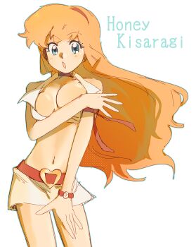 1girl :o armband blonde_hair blue_eyes breasts character_name choker cleavage commentary cowboy_shot crop_top cutie_honey english_commentary hairband hand_up heart_belt_buckle highres kisaragi_honey large_breasts long_hair looking_at_viewer low_neckline malan miniskirt navel parted_lips re:_cutie_honey red_choker red_hairband shirt skirt sleeveless sleeveless_shirt solo watch white_shirt white_skirt wristwatch