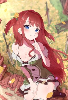 1girl :3 absurdres bare_shoulders black_bra blue_eyes blush bra bra_peek breasts cleavage closed_mouth collarbone commentary_request dated dress finger_to_mouth flower grass green_dress hair_flower hair_ornament highres index_finger_raised justjast long_hair looking_at_viewer medium_breasts multiple_swords off-shoulder_dress off_shoulder re:zero_kara_hajimeru_isekai_seikatsu red_hair short_dress shushing signature sitting sitting_on_fence solo theresia_van_astrea thighhighs thighs two_side_up underwear very_long_hair white_thighhighs zettai_ryouiki