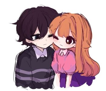 1boy 1girl bad_id bad_pixiv_id black_hair black_shirt blue_eyes blue_skirt blush brother_and_sister crying_child_(fnaf) elizabeth_afton five_nights_at_freddy's five_nights_at_freddy's:_sister_location hiji_(hijichan) looking_at_another one_eye_closed orange_hair pink_shirt shirt siblings skirt white_background