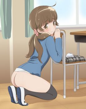 1girl ahoge arm_support ass black_thighhighs blush bottomless breasts brown_eyes brown_hair butt_crack classroom closed_mouth commission desk eyebrows_hidden_by_hair full_body hair_tie highres houkago_saikoro_club komatsu_(sakanae) leaning_on_object long_hair looking_to_the_side panties pixiv_commission school_desk school_uniform shadow shirt shoes skirt small_breasts solo takayashiki_aya thighhighs underwear unworn_panties unworn_skirt white_shirt white_shoes window_shadow