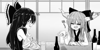 2girls alcohol aoi_1013ss bare_shoulders blush bottle bow closed_eyes commentary_request cup detached_sleeves fang hair_bow hakurei_reimu highres holding holding_cup ibuki_suika long_hair looking_at_another monochrome multiple_girls open_mouth sake_bottle shirt sitting skin_fang sleeveless sleeveless_shirt smile touhou upper_body wrist_cuffs