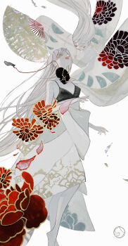 2girls absurdres breasts colored_skin commentary_request flower highres japanese_clothes kimono long_hair looking_at_another multiple_girls original parted_lips petals shiguretau small_breasts traditional_media very_long_hair white_eyes white_hair white_kimono white_skin
