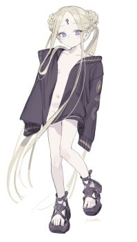 1girl abigail_williams_(fate) absurdres blonde_hair blue_eyes breasts fate/grand_order fate_(series) full_body highres jacket keyhole loli long_hair looking_at_viewer naked_jacket nemo_(leafnight) open_clothes open_jacket pale_skin simple_background sketch small_breasts solo very_long_hair white_background
