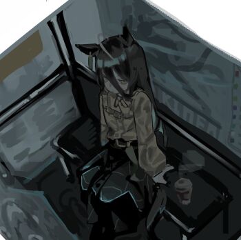 1girl ahoge belt bench black_belt black_hair black_skirt bus_stop_shelter cup disposable_cup dom1 ear_ornament ear_tag earrings frilled_shirt_collar frills hair_between_eyes hand_on_bench highres jewelry long_bangs long_hair long_hair_between_eyes long_sleeves manhattan_cafe_(casual)_(umamusume) manhattan_cafe_(umamusume) multicolored_hair on_bench plaid_clothes plaid_skirt shirt shirt_tucked_in single_earring sitting skirt solo steam umamusume very_long_hair white_hair yellow_eyes yellow_shirt