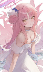 Rule 34 | 1girl, bare shoulders, bburi, blue archive, breasts, choker, cleavage, dress, grin, hair bun, halo, highres, long hair, looking at viewer, mika (blue archive), pink hair, single hair bun, smile, white dress, yellow eyes