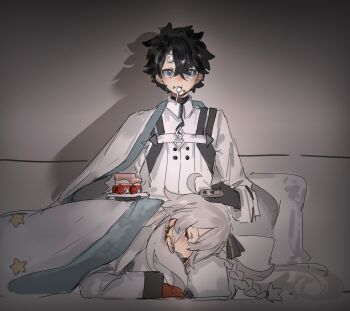 1boy 1girl bandaid bandaid_on_face black_gloves black_hair blue_eyes braid chaldea_logo commentary earrings eating fate/grand_order fate_(series) fujimaru_ritsuka_(male) fujimaru_ritsuka_(male)_(decisive_battle_chaldea_uniform) gloves highres jacket jewelry kp3963 lap_pillow long_hair long_sleeves olga_marie_animusphere olga_marie_animusphere_(unbeast) red_gloves short_hair sleeping symbol-only_commentary very_long_hair white_hair