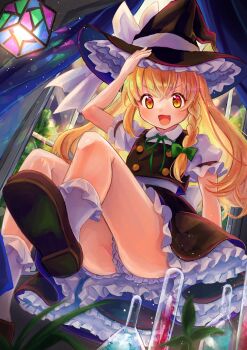 1girl ankle_socks bare_arms beaker black_hat black_shoes black_skirt black_vest blonde_hair bloomers bow braid buttons collared_shirt commentary_request dot_nose eyelashes floating foot_out_of_frame frilled_headwear frilled_skirt frilled_sleeves frilled_socks frills from_below gradient_eyes green_bow green_ribbon hair_bow hand_on_headwear happy hat hat_bow highres indoors kirisame_marisa lantern light_blush light_particles light_rays long_hair looking_at_viewer mary_janes miniskirt multicolored_eyes neck_ribbon open_mouth orange_eyes partial_commentary potion puffy_short_sleeves puffy_sleeves ribbon shirt shoes short_sleeves single_braid sitting skirt skirt_set smile socks solo sprout tareme tomoe_(pixiv_53856103) touhou tree underwear upskirt vest white_bloomers white_bow white_shirt white_socks window witch_hat yellow_eyes