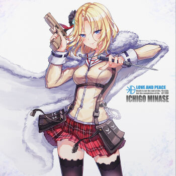 1girl absurdres belt belt_pouch black_flower black_rose black_thighhighs blonde_hair blue_eyes blush breasts buckle cape character_name cloak closed_mouth combat_knife copyright_name cowboy_shot dagger dual_wielding english_text eyes_visible_through_hair finger_on_trigger fingernails floating_cape flower fur-trimmed_cape fur-trimmed_cloak fur_cape fur_trim gun hair_between_eyes hair_flower hair_ornament hairclip handgun heaven_burns_red highres holding holding_dagger holding_gun holding_knife holding_weapon holster knife legs_apart long_sleeves looking_at_viewer medium_breasts medium_hair minase_ichigo miniskirt nail_polish parted_bangs pink_nails plaid_clothes plaid_skirt pleated_skirt pouch red_nails red_skirt reverse_grip rose sail_678 sailor_collar school_uniform shirt short_hair simple_background skirt sleeve_cuffs smile solo standing strap thighhighs trigger_discipline weapon white_background white_cape zettai_ryouiki zipper zipper_pull_tab