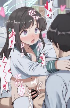 1boy 1girl airi_(blue_archive) bar_censor black_hair blue_archive blue_eyes blurry blurry_background blush censored collarbone halo highres navel open_mouth school_uniform sex straddling sweat translation_request unadon_(unadoom) upright_straddle