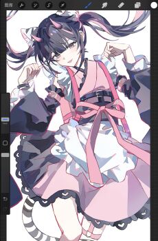 1boy animal_ears black_hair bow cho_kaguya-hime! commentary_request crossdressing crossdressing_(mtf) highres horns japanese_clothes komazawa_noi long_hair m_yiil77 male_focus multicolored_hair pink_eyes pink_hair pink_horns solo tail tiger_ears tiger_tail tongue tongue_out trap two-tone_hair white_background