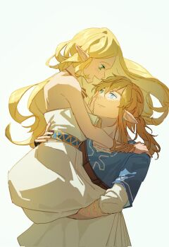 arm_around_back bare_shoulders blue_eyes blue_tunic blush breasts closed_mouth couple dress earrings fingerless_gloves frost_mourne gloves gold_bracer gold_necklace green_eyes hair_between_eyes hand_on_another&#039;s_cheek hand_on_another&#039;s_face hand_on_another&#039;s_shoulder hetero highres jewelry link long_dress long_hair low_ponytail medium_breasts necklace nintendo open_mouth parted_bangs pointy_ears ponytail princess_zelda sidelocks smile strapless strapless_dress the_legend_of_zelda the_legend_of_zelda:_breath_of_the_wild tunic white_background white_dress