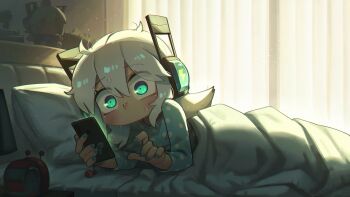 1girl absurdres aqua_eyes aqua_nails bed blush cable cable_tail digitan_(porforever) electric_plug electric_plug_tail highres lightning_bolt_symbol mechanical_tail original phone porforever power_symbol robot_ears snail star-shaped_pupils star_(symbol) symbol-shaped_pupils tail waking_up white_hair