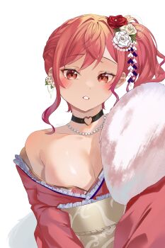 1girl absurdres bare_shoulders black_choker breasts choker commentary earrings english_commentary feather_boa flower flower_earrings frilled_kimono frills gradient_hair hair_flower hair_ornament heart heart_o-ring highres hololive hololive_dev_is ichijou_ririka ichijou_ririka_(new_year) japanese_clothes jewelry kimono large_breasts looking_at_viewer multicolored_hair necklace o-ring obi off_shoulder orange_eyes orange_hair parted_lips pink_hair pink_kimono salt-less sash side_ponytail simple_background single_earring solo swept_bangs upper_body virtual_youtuber white_background