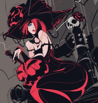 1girl anna_williams bare_shoulders black_hair blue_eyes dress flower hair_over_one_eye hat highres holding holding_knife knife multicolored_hair pumpkin red_dress red_flower red_hair red_rose rose short_hair skull solo tekken tekken_8 two-tone_hair wolfmarker