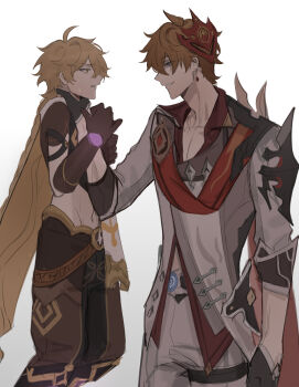 2boys absurdres aether_(genshin_impact) asphyxiation black_gloves blonde_hair blue_eyes braid brown_gloves choke_hold earrings eye_contact from_side genshin_impact gloves gradient_background hair_between_eyes haze_(ha_ze) height_difference highres jacket jewelry long_hair looking_at_another male_focus mask mask_on_head multiple_boys neck_hold pants parted_lips profile red_scarf scarf simple_background single_braid single_earring strangling sweat tartaglia_(genshin_impact) vision_(genshin_impact) white_background yellow_eyes