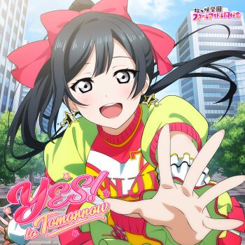 1girl :d absurdres album_cover anime_coloring asymmetrical_sidelocks black_hair blue_sky blush bow city clothes_writing copyright_logo copyright_name cover day earrings floating_hair foreshortening green_shirt grey_eyes hair_bow highres jewelry logo long_hair looking_at_viewer love_live! love_live!_nijigasaki_high_school_idol_club official_alternate_costume official_art open_hands open_mouth outdoors outstretched_arm outstretched_hand ponytail puffy_short_sleeves puffy_sleeves reaching reaching_towards_viewer red_bow red_shirt second-party_source shirt short_sleeves sidelocks sky smile solo song_name star_(symbol) star_earrings teeth two-tone_shirt upper_body upper_teeth_only white_arm_warmers yes!_to_tomorrow yuki_setsuna
