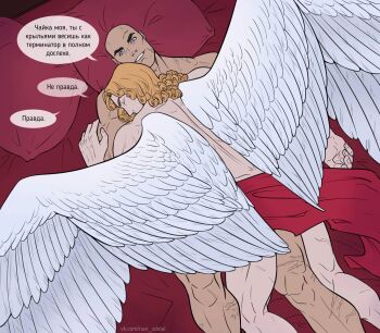2boys angel angel_wings bald bara bed bed_sheet bedding black_legion_(warhammer_40k) blonde_hair blood_angels blue_eyes closed_eyes completely_nude convenient_censoring cuddling curly_hair entangled feathered_wings feathers from_above grey_eyes hand_on_another&#039;s_arm hatching_(texture) head_on_another&#039;s_shoulder head_on_pillow highres horus_lupercal implied_after_sex indoors long_hair lying lying_on_person male_focus multiple_boys muscular muscular_male naked_sheet natalia_kikicheva nude on_back on_bed on_stomach pillow primarch red_pillow red_sheet russian_commentary russian_text sanguinius scar scar_on_face scar_on_leg scar_on_shoulder speech_bubble spine spread_wings straight_hair teeth thick_eyebrows vk_username warhammer_40k watermark web_address white_feathers white_wings wings yaoi