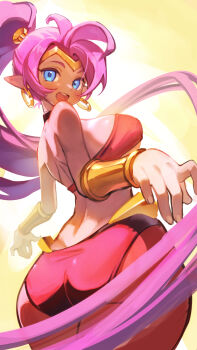 1girl ass blue_eyes breasts commentary dark-skinned_female dark_skin english_commentary highres large_breasts life_is_pi long_hair looking_at_viewer open_mouth ponytail purple_hair shantae shantae_(series) smile solo wide_hips
