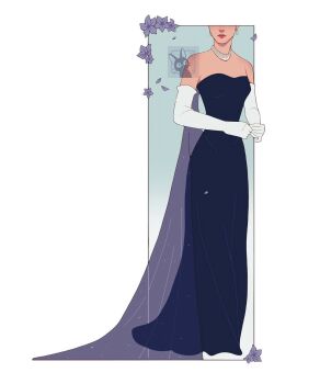 Rule 34 | 1girl, anastasia (1997), anya (anastasia), blue dress, cape, closed mouth, commentary, dress, earrings, elbow gloves, english commentary, falling petals, flower, french commentary, full body, gloves, highres, jewelry, jiji (majo no takkyuubin), long dress, majo no takkyuubin, mixed-language commentary, necklace, petals, purplishartz, solo, strapless, strapless dress, white gloves