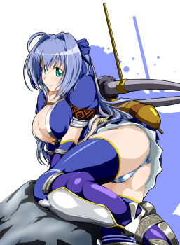 Rule 34 | 1girl, azure (armor), blue hair, breasts, capcom, cleavage, female focus, green eyes, hair ribbon, highres, looking at viewer, monster hunter (series), mun, panties, ribbon, smile, solo, striped clothes, striped panties, thighhighs, underwear