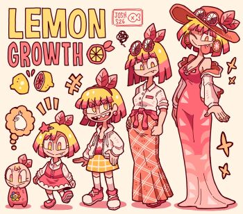 1girl blonde_hair character_name commentary dress english_commentary english_text grin hat highres jewelry josh-s26 long_sleeves original red_dress short_hair skirt smile standing star_(symbol) yellow_eyes