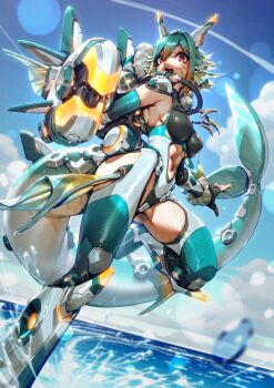 Rule 34 | 1girl, aqua hair, armored boots, boots, breasts, brown hair, clothing cutout, commentary request, elbow gloves, facial mark, fingerless gloves, fins, fish tail, gloves, gradient hair, hair between eyes, head fins, headgear, highres, kionaoki, large breasts, mecha musume, multicolored hair, navel, navel cutout, open mouth, original, red eyes, short hair, skin tight, solo, tail, water