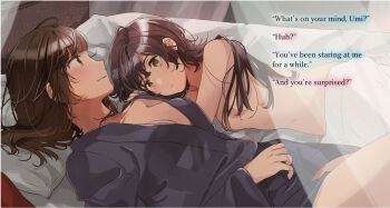 2girls aftersex age_difference alternate_language breasts brown_hair clothed_female_nude_female completely_nude english_text fly_(marguerite) highres hotel_room large_breasts long_hair looking_at_another mizuike_umi multiple_girls naked_shirt non-web_source novel_illustration nude official_art on_bed rikunaka_chiki shirt watashi_no_hatsukoi_aite_ga_kiss_shiteta yuri