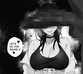 1girl absurdres aftersex animeattics blacked_female blacked_male breasts covered_eyes cum dark-skinned_male dark_skin english_text heart highres large_breasts medium_hair naughty_face netorare original penis_awe race_fetishism speech_bubble sports_bra yokoyama_ishimi