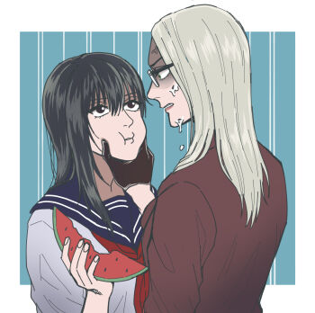 2girls anger_vein angry black_eyes black_gloves black_hair blue_background blue_sailor_collar border brown_jacket commentary_request face-to-face food food_on_face fruit glasses gloves green_eyes grey_hair hair_between_eyes highres holding holding_food holding_fruit holding_watermelon jacket long_hair looking_at_another mugennitaberu multiple_girls neckerchief original parted_lips profile red_neckerchief rimless_eyewear sailor_collar school_uniform serafuku shirt upper_body watermelon watermelon_slice white_border white_shirt